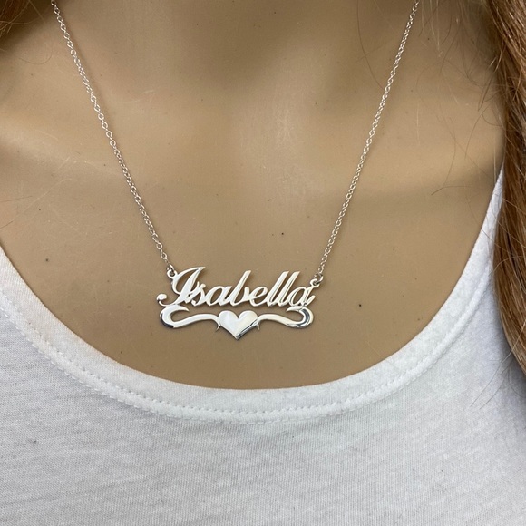 925 Sterling Silver Name Plate Heart Adjustable Necklace - Isabella